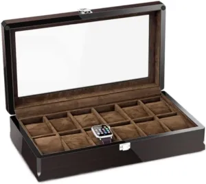 with Wood Grain Watch Storage Box Transparent Window for bounce dark replicate knack wonderfully Home Watch Box Watch Case Watch Box 12 Grid Watch Box Jewelry Box 