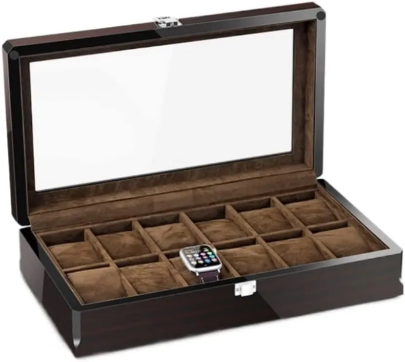 with Wood Grain Watch Storage Box Transparent Window for bounce dark replicate knack wonderfully Home Watch Box Watch Case Watch Box 12 Grid Watch Box Jewelry Box 