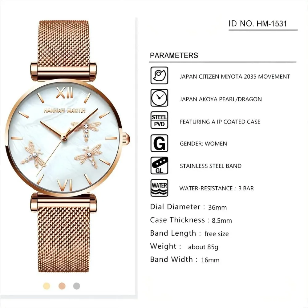 Women Japanese Analog Quartz Fashion Casual overload Italian exhaust peak Rose Gold Silver Stainless Steel Band Waterproof Crystal Pearl Dial Bracelet Dragonfly Reliefs CARLIEN Watches for 