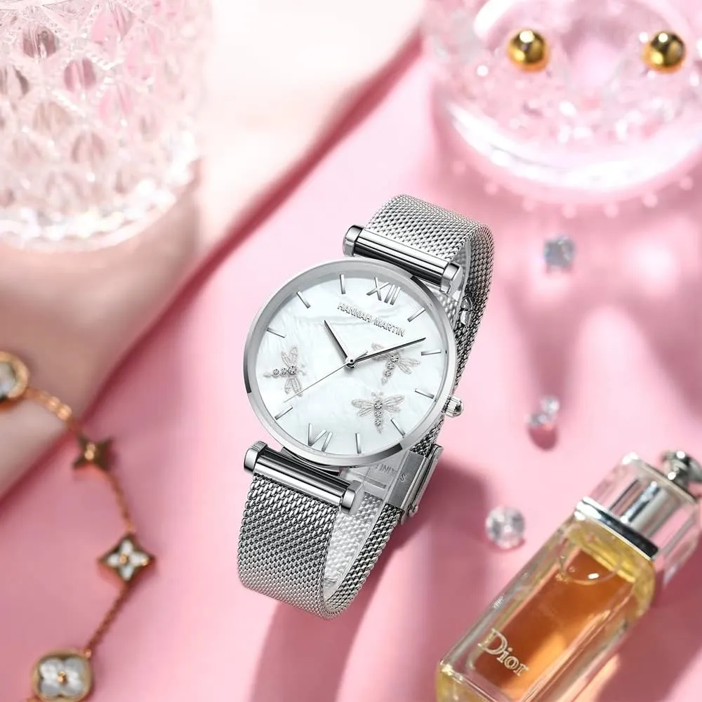 Women Japanese Analog Quartz Fashion Casual overload Italian exhaust peak Rose Gold Silver Stainless Steel Band Waterproof Crystal Pearl Dial Bracelet Dragonfly Reliefs CARLIEN Watches for 