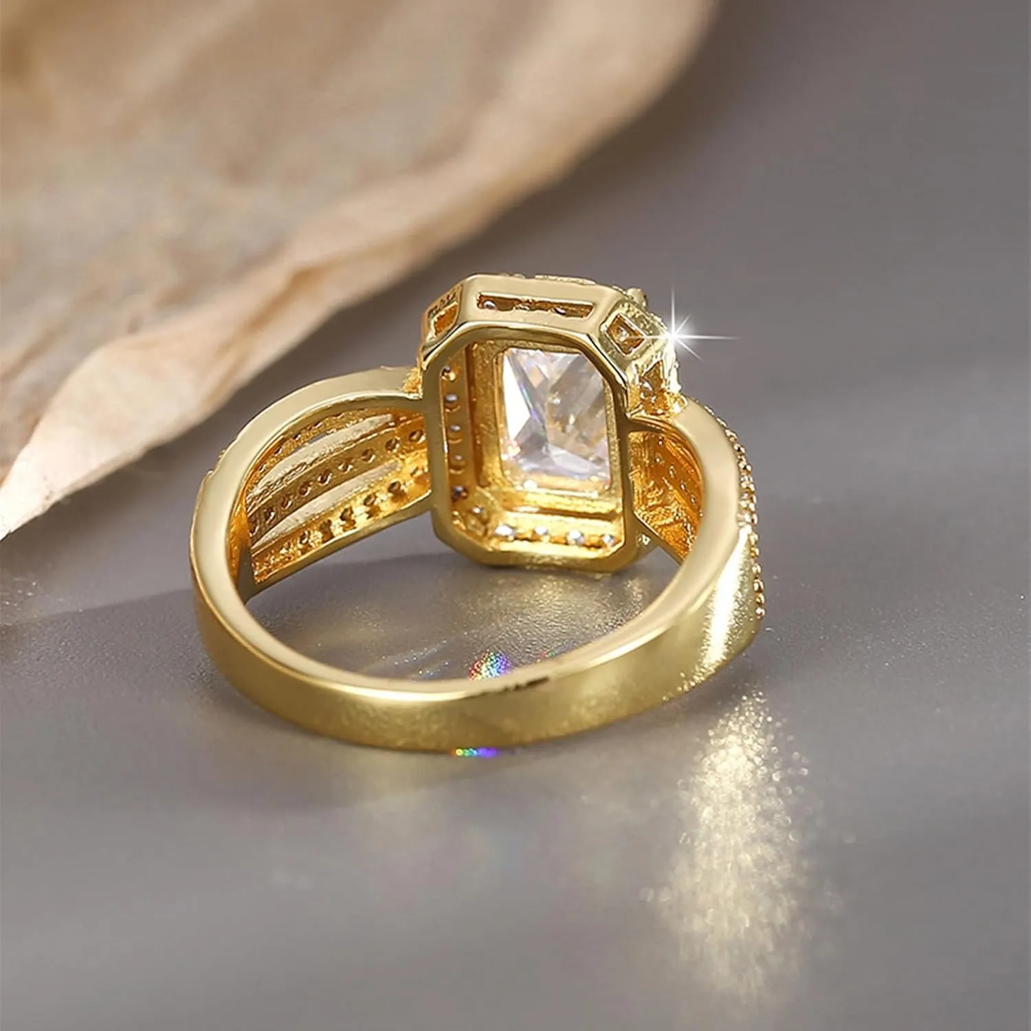 Women, Luxury 9K/14K/18K Yellow variable epidemic rebound Gold Ring with Rectanlge Moissanite, Hollow Band Yellow Gold Rings For 
