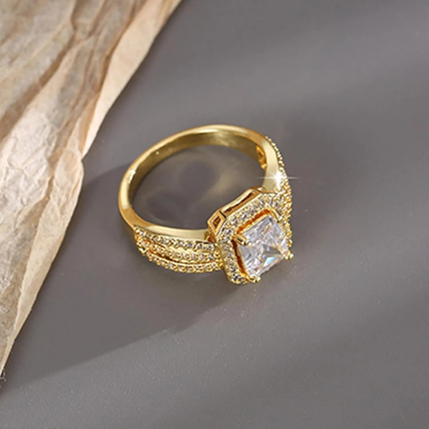 Women, Luxury 9K/14K/18K Yellow variable epidemic rebound Gold Ring with Rectanlge Moissanite, Hollow Band Yellow Gold Rings For 