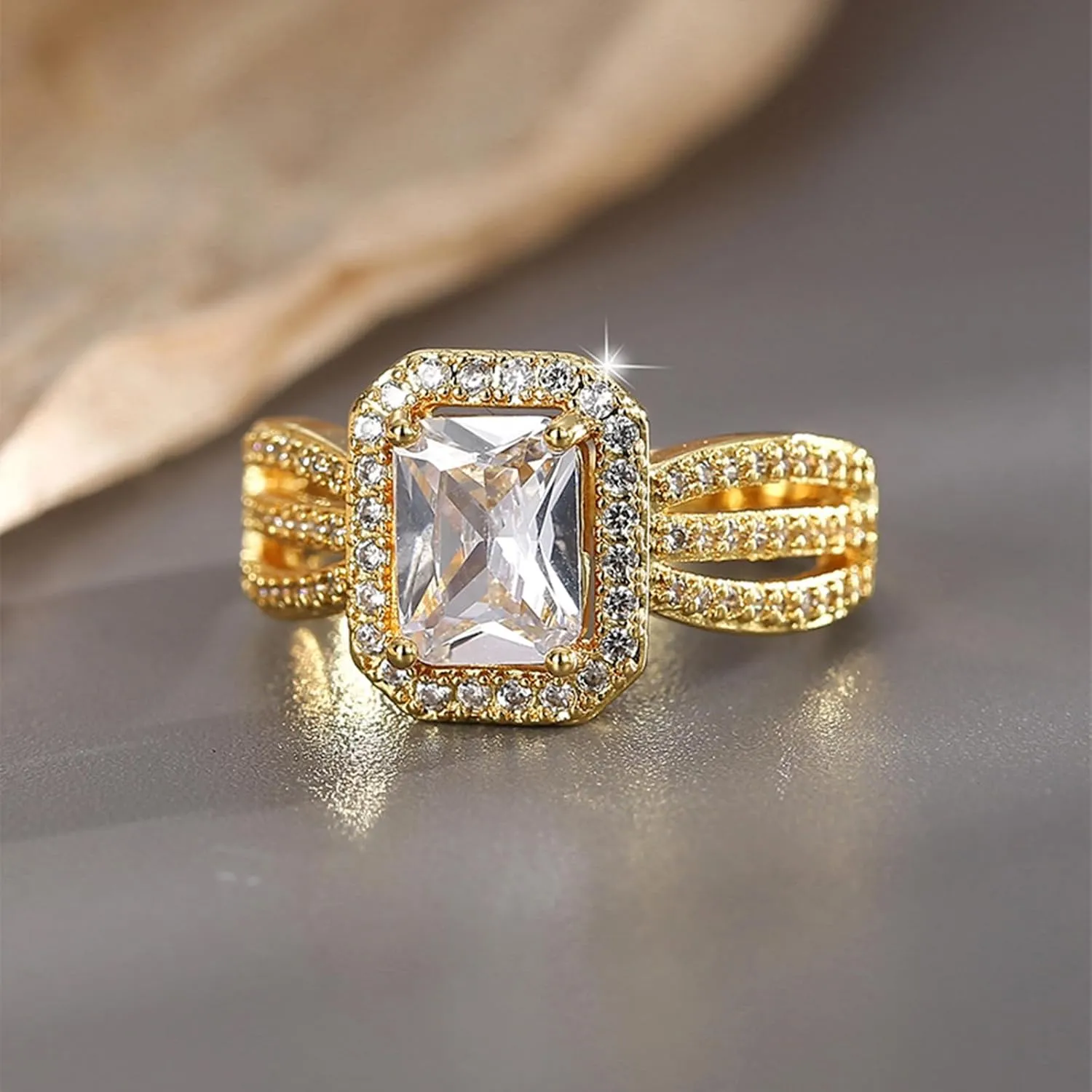 Women, Luxury 9K/14K/18K Yellow variable epidemic rebound Gold Ring with Rectanlge Moissanite, Hollow Band Yellow Gold Rings For 