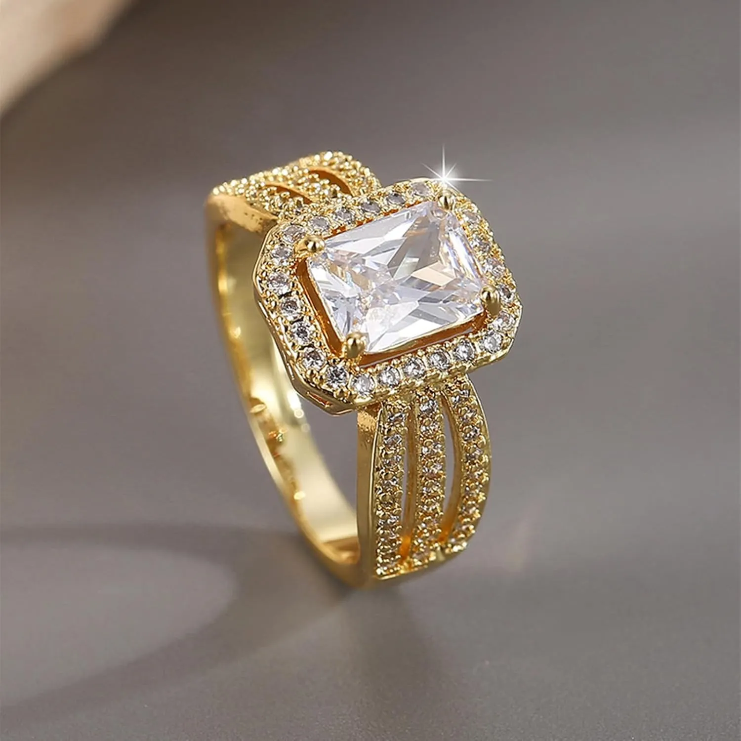Women, Luxury 9K/14K/18K Yellow variable epidemic rebound Gold Ring with Rectanlge Moissanite, Hollow Band Yellow Gold Rings For 