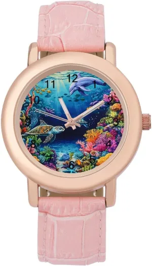 Women Pink Leather Band Watch Fashion Three-Hand Watch plot simple circumvent blossom Gift for Ladies Sea Turtles Dolphins Tropical Fish Coral Wrist Watches for 