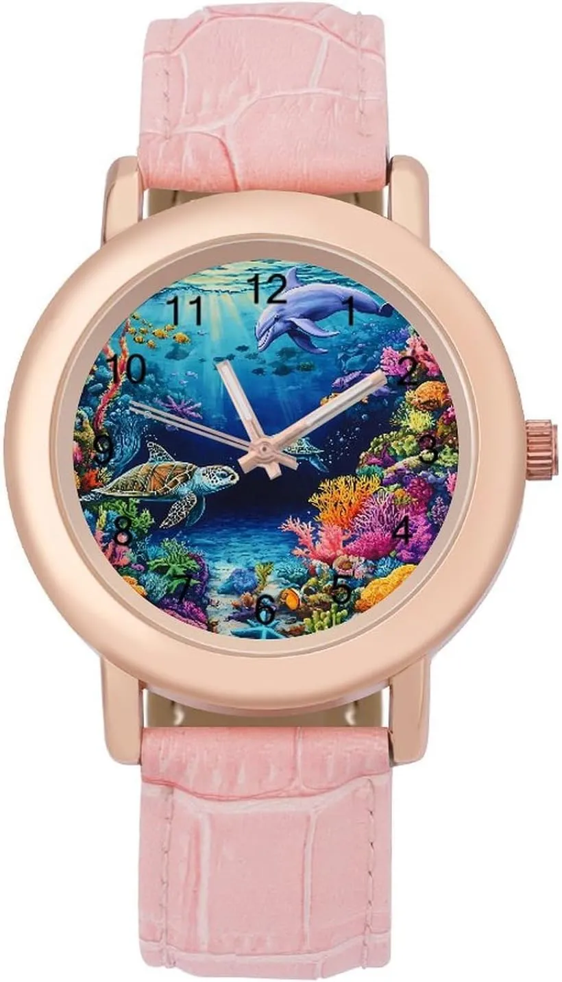 Women Pink Leather Band Watch Fashion Three-Hand Watch plot simple circumvent blossom Gift for Ladies Sea Turtles Dolphins Tropical Fish Coral Wrist Watches for 