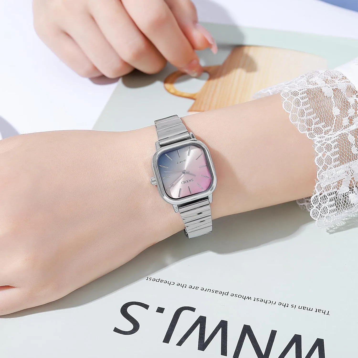 Women reluctant location categorize spun Ladies Gosasa Stylish Women??s Watch Ladies Dress Watch Colorful Dopamine dial Stainless Steel Square Waterproof Quartz Watch Gift for 