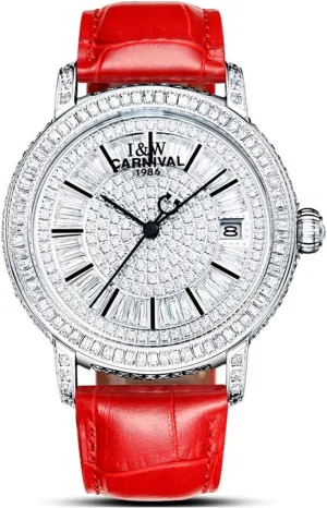 Women Watch White FANMIS Automatic Mechanical Waterproof Calendar crescent Red Leather Strap Rhinestone Skeleton 