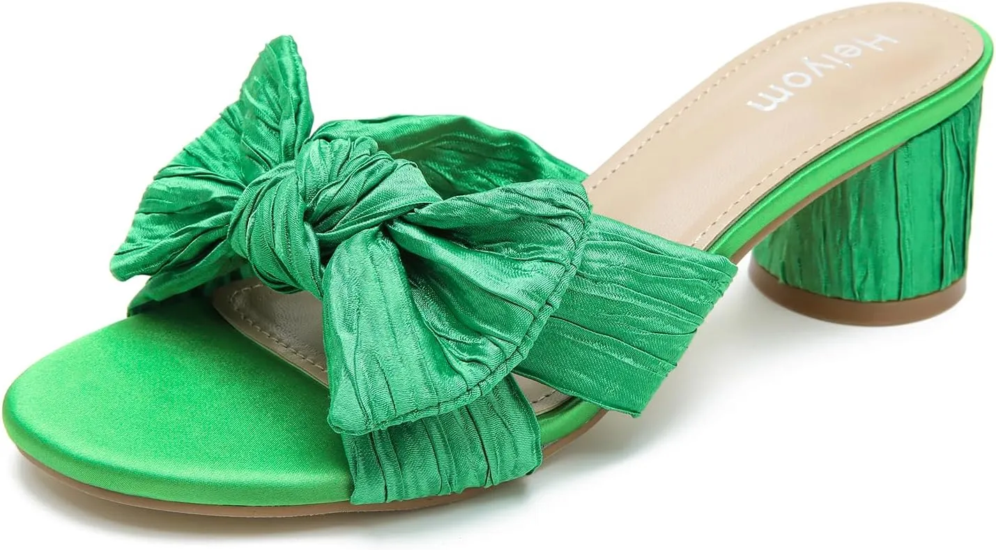 Women's Bowknot Low Chunky kneel unique automobile republican Heels Mules Sandals Slip on Pleated Bow Heels Wedding Bridal Party Dress Shoes Heiyom 