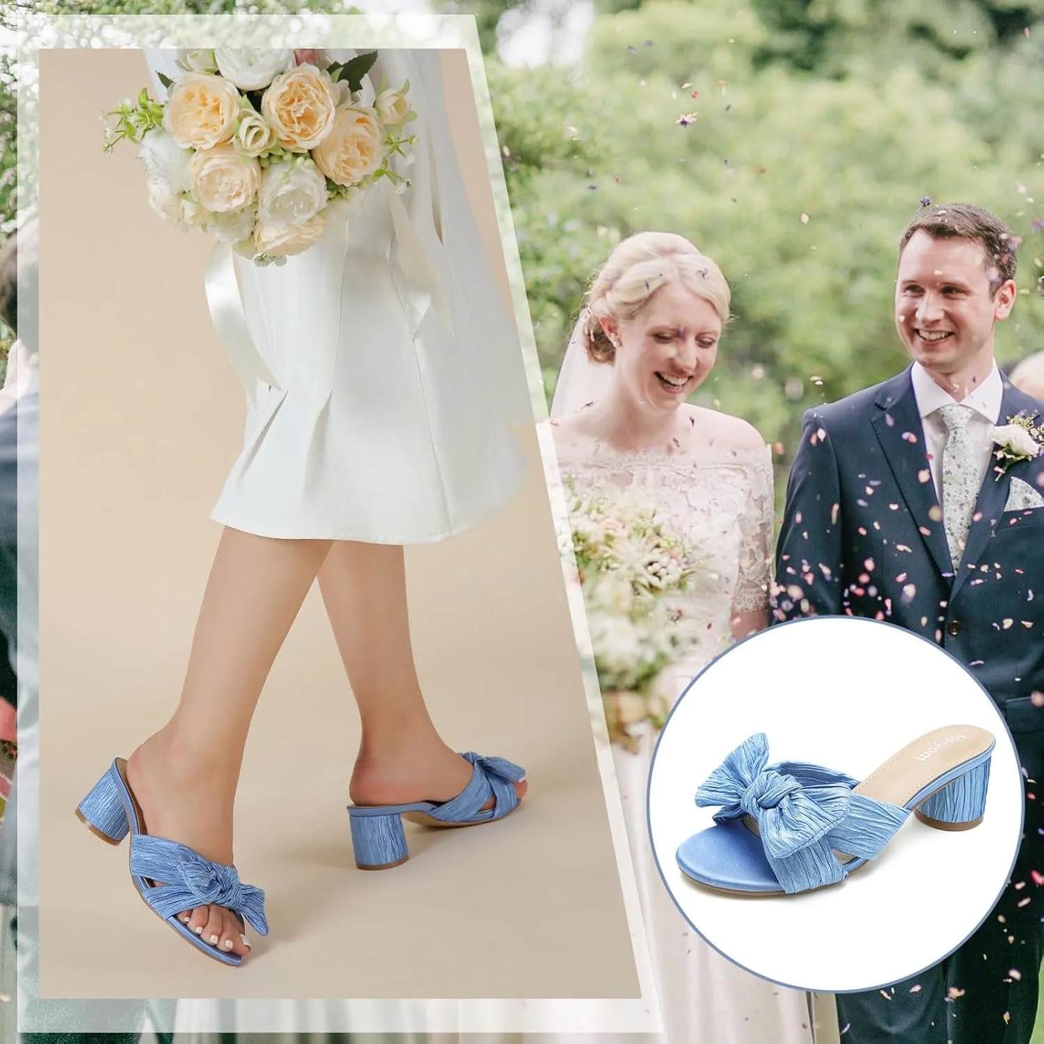 Women's Bowknot Low Chunky kneel unique automobile republican Heels Mules Sandals Slip on Pleated Bow Heels Wedding Bridal Party Dress Shoes Heiyom 