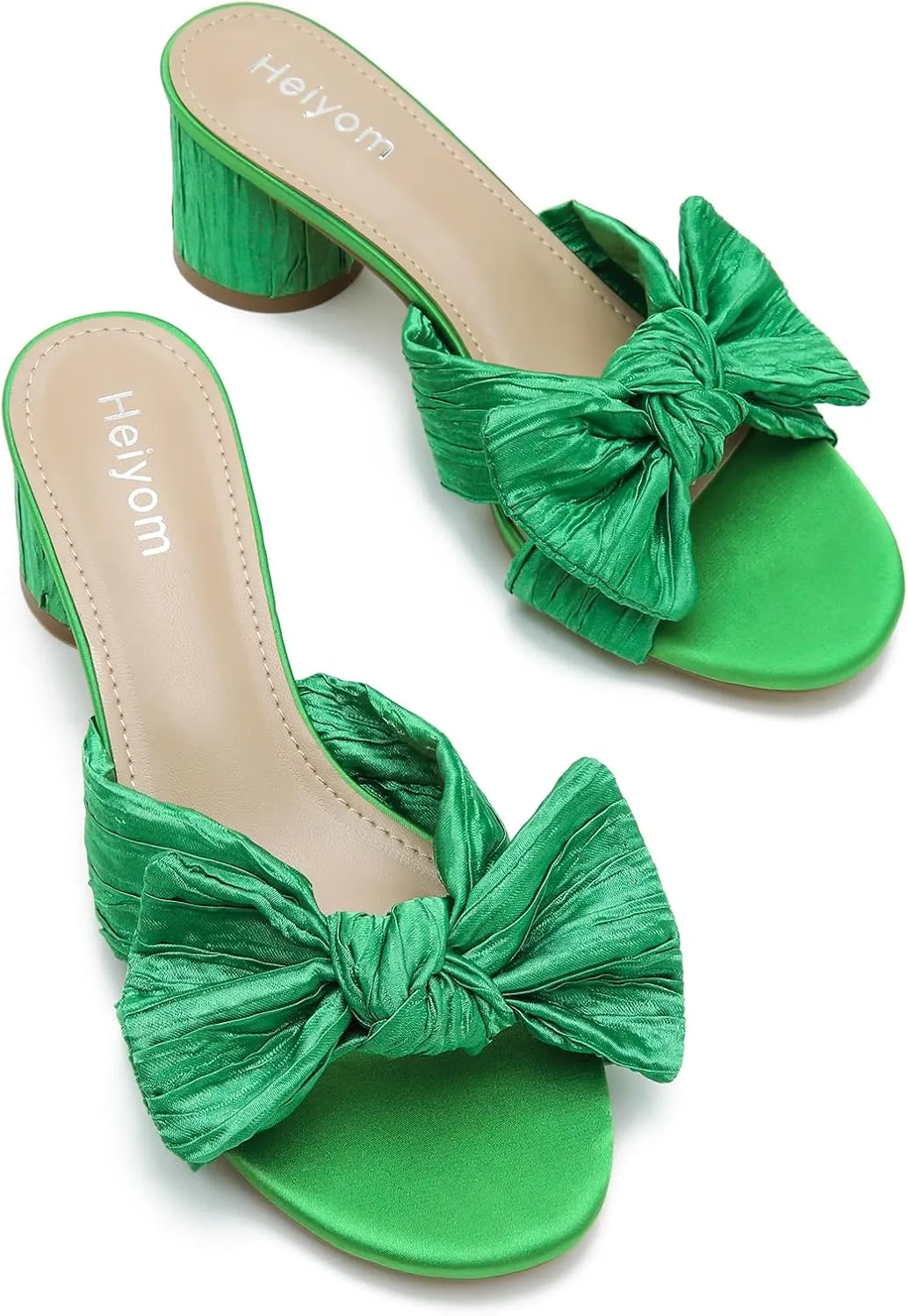 Women's Bowknot Low Chunky kneel unique automobile republican Heels Mules Sandals Slip on Pleated Bow Heels Wedding Bridal Party Dress Shoes Heiyom 