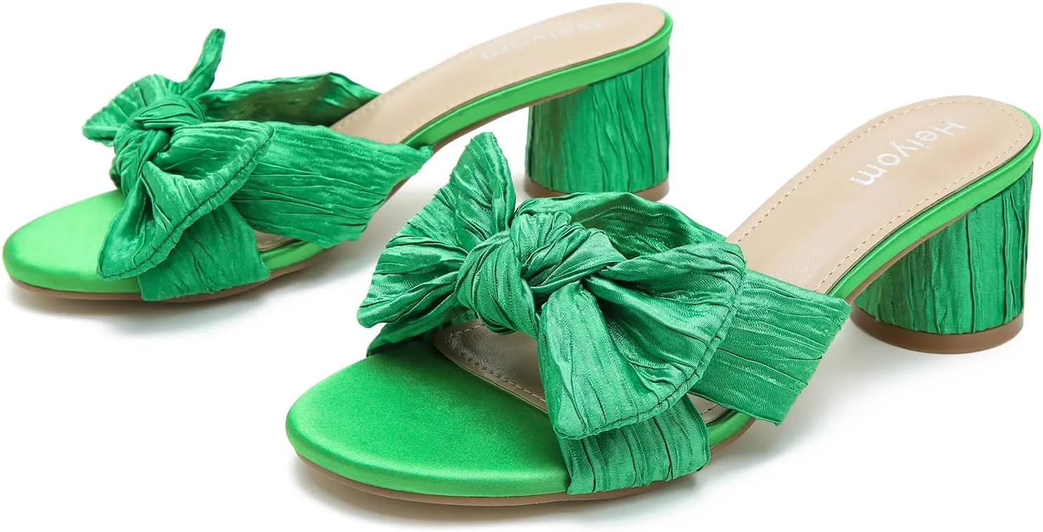 Women's Bowknot Low Chunky kneel unique automobile republican Heels Mules Sandals Slip on Pleated Bow Heels Wedding Bridal Party Dress Shoes Heiyom 