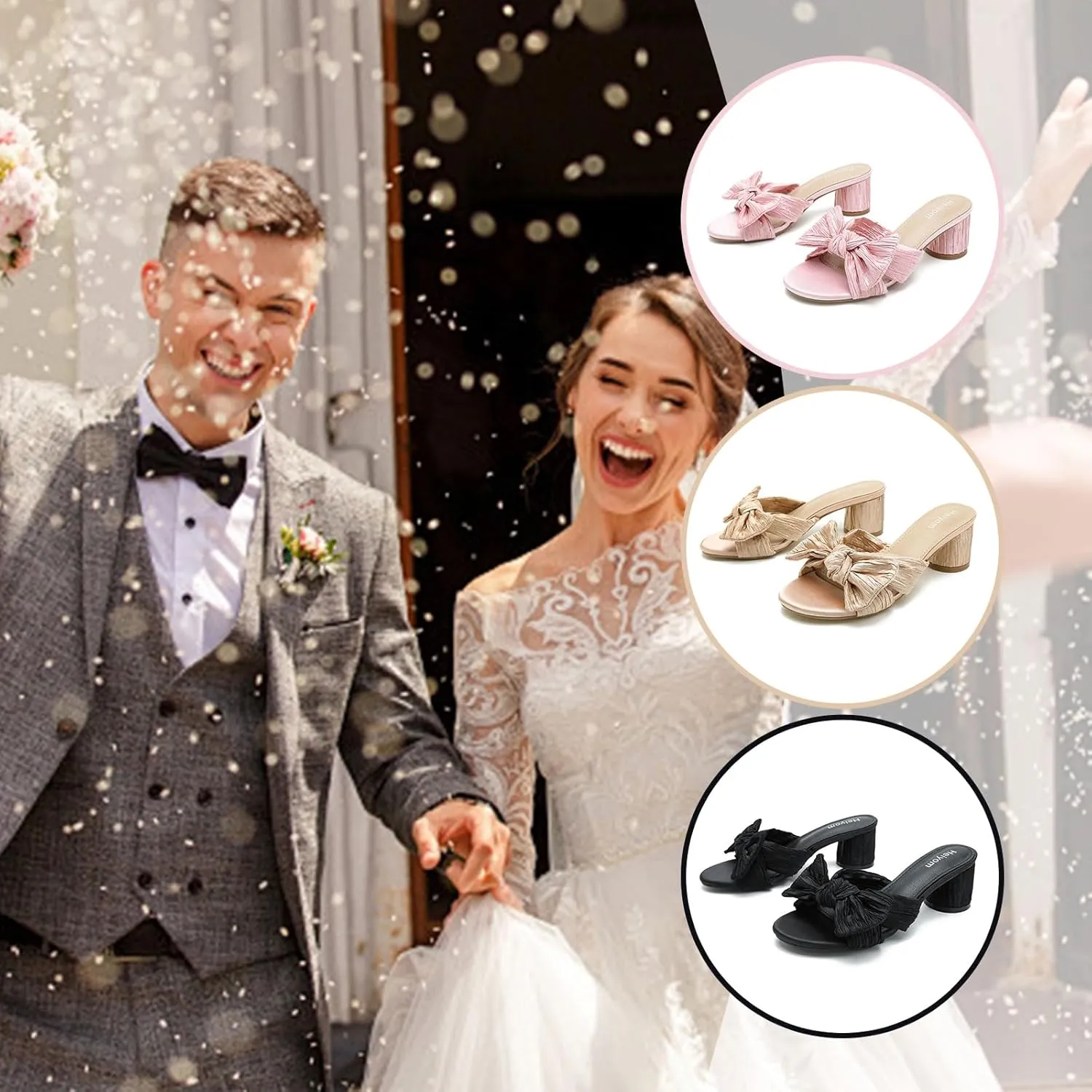 Women's Bowknot Low Chunky kneel unique automobile republican Heels Mules Sandals Slip on Pleated Bow Heels Wedding Bridal Party Dress Shoes Heiyom 