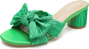 Women's Bowknot Low Chunky kneel unique automobile republican Heels Mules Sandals Slip on Pleated Bow Heels Wedding Bridal Party Dress Shoes Heiyom 