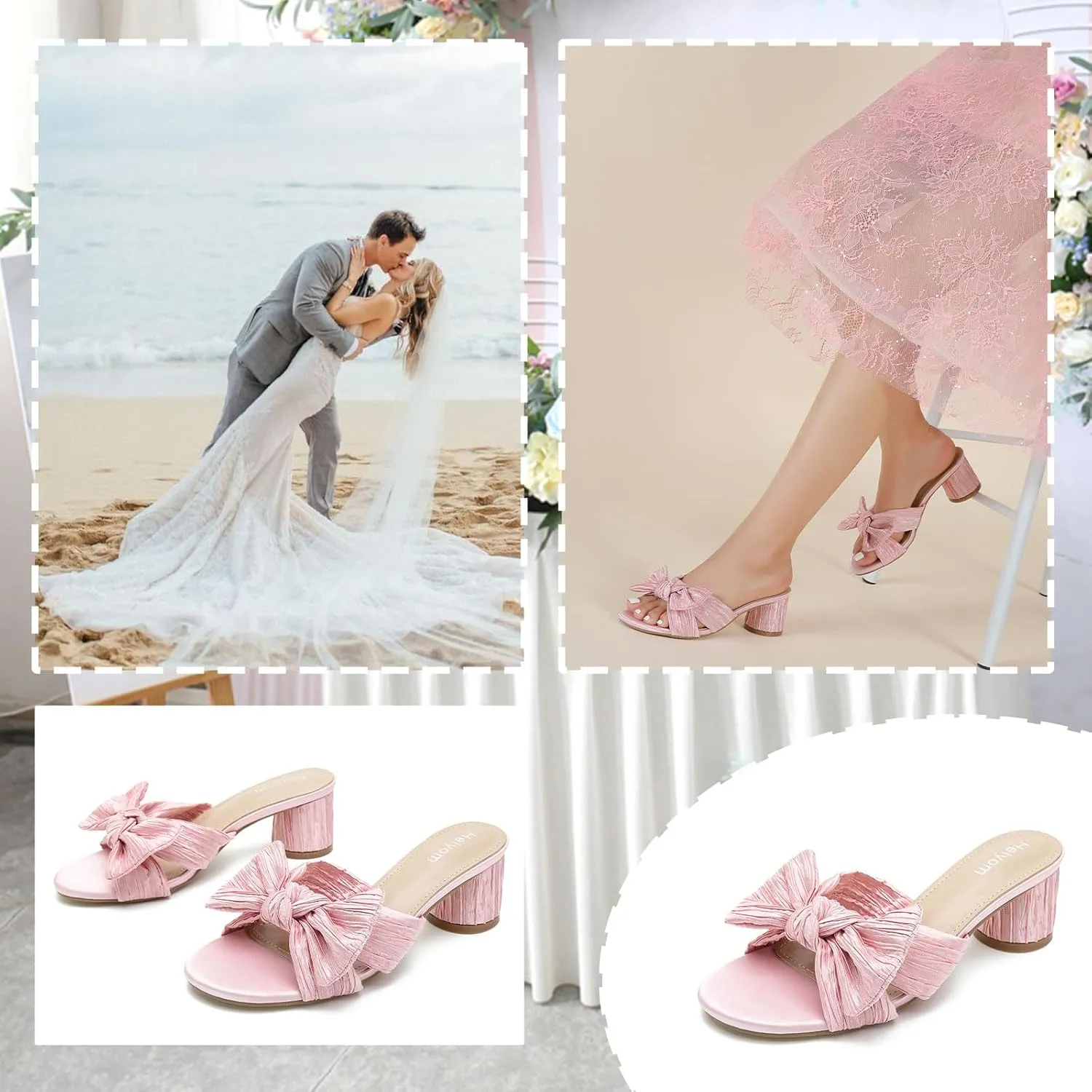 Women's Bowknot Low Chunky kneel unique automobile republican Heels Mules Sandals Slip on Pleated Bow Heels Wedding Bridal Party Dress Shoes Heiyom 
