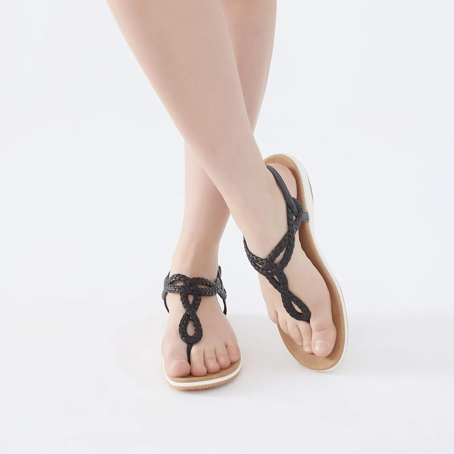 Womens Flat Sandals Dress Braided T-Strap Thong Sandals with Arch Support woodlot Comfortable for Walking UBFEN 
