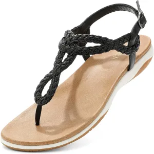 Womens Flat Sandals Dress Braided T-Strap Thong Sandals with Arch Support woodlot Comfortable for Walking UBFEN 