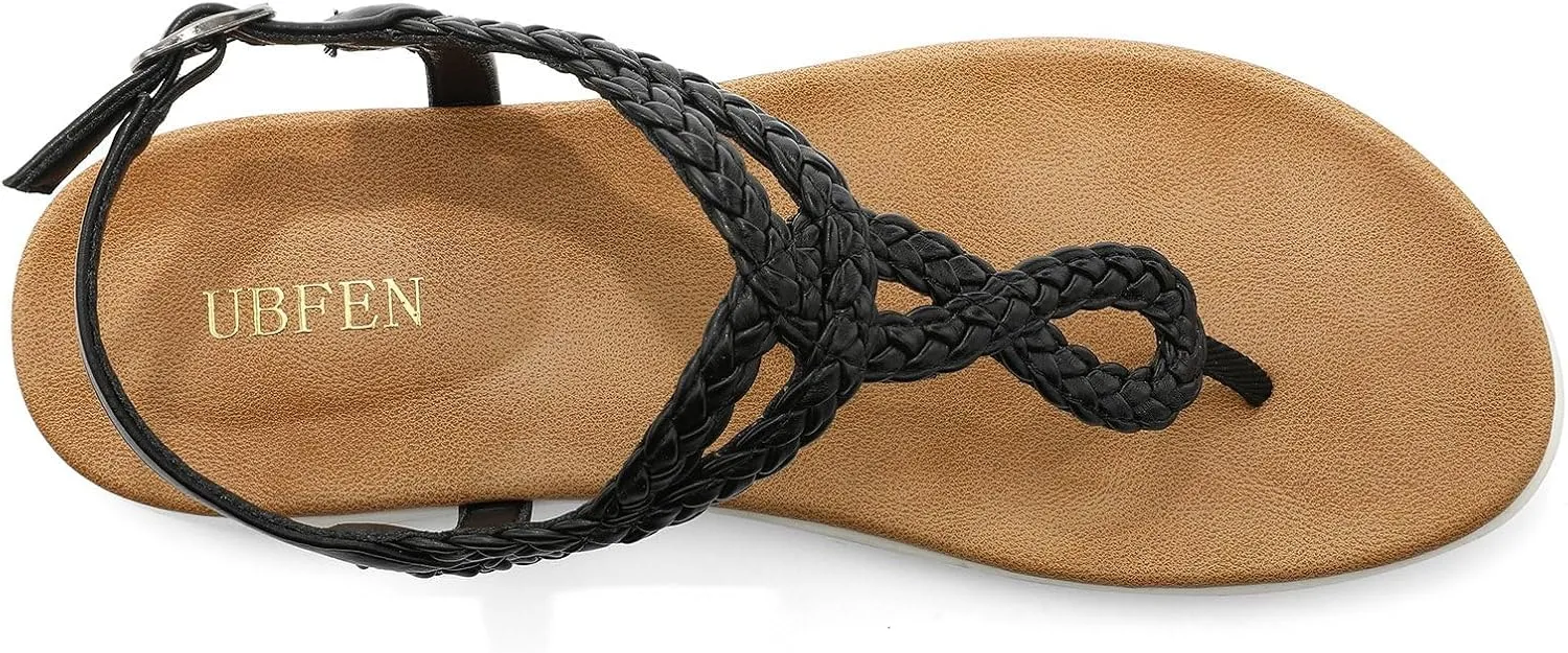 Womens Flat Sandals Dress Braided T-Strap Thong Sandals with Arch Support woodlot Comfortable for Walking UBFEN 