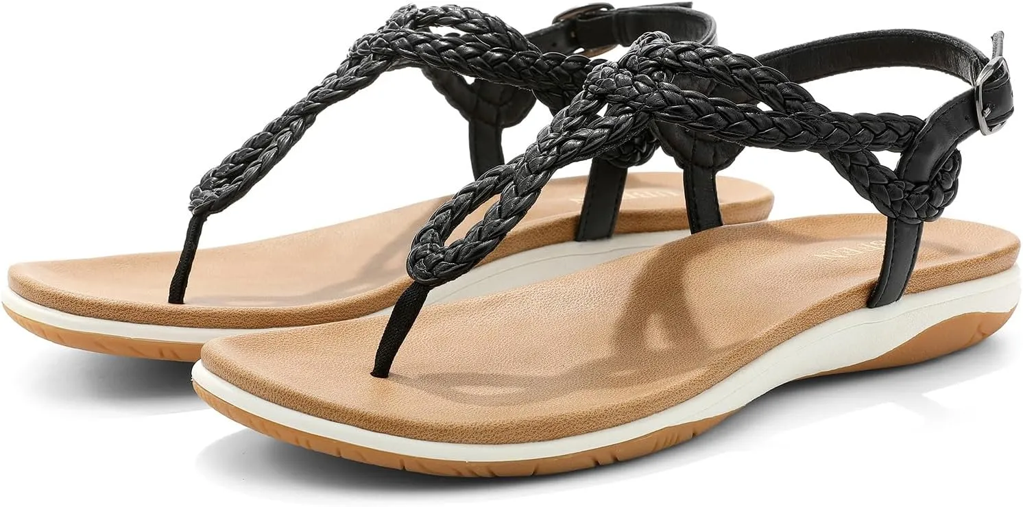Womens Flat Sandals Dress Braided T-Strap Thong Sandals with Arch Support woodlot Comfortable for Walking UBFEN 
