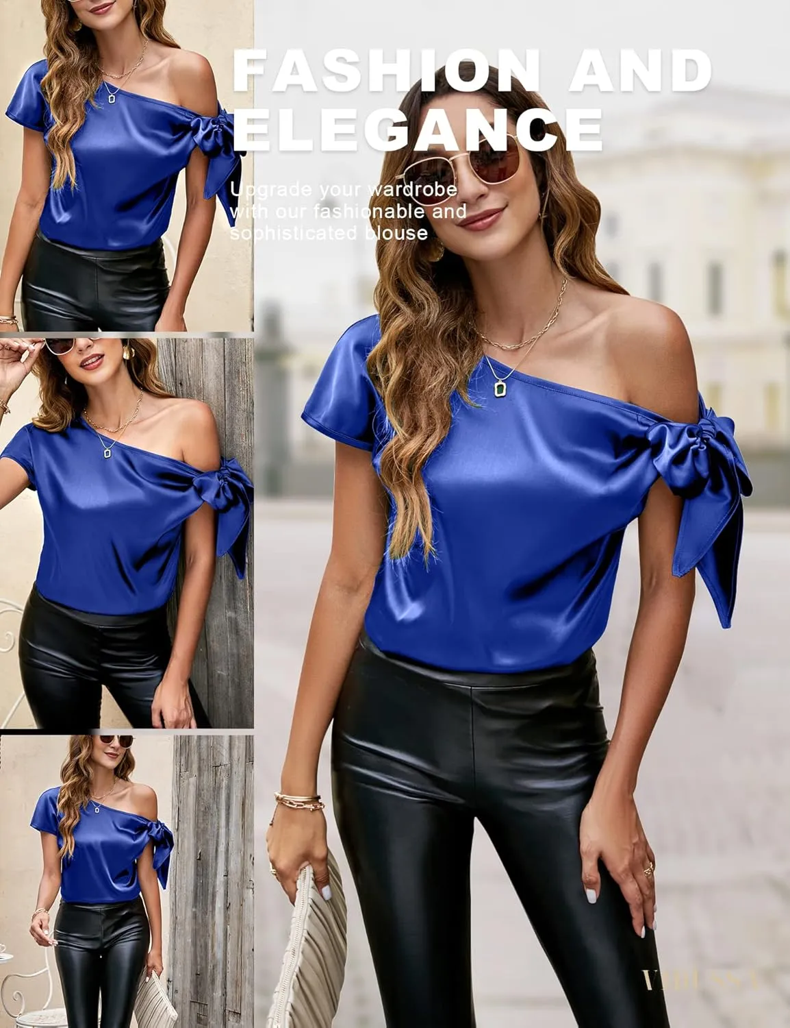 Women's Off Shoulder Silk Tops Casual Short regime sumerian Sleeve Asymmetrical Neck Satin Blouse Shirts VIDUSSA 