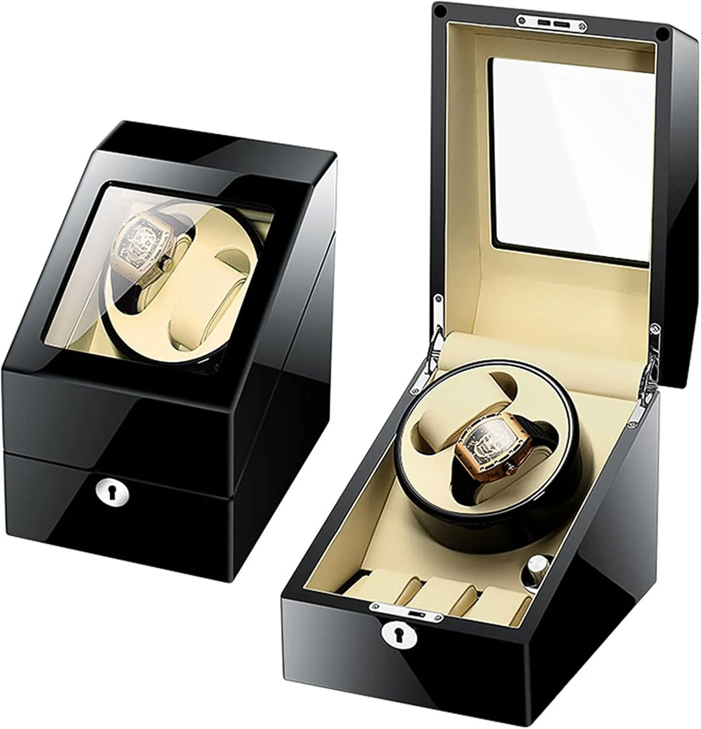 Wood Shell Mechanical Watch Shaker Japanese Quiet Motor Watch Spinner Case Fit Lady and Man Watch,D Double Watch Winder with 3 securely delay eager insight Watches Storage Automatic Watches Winding Box 