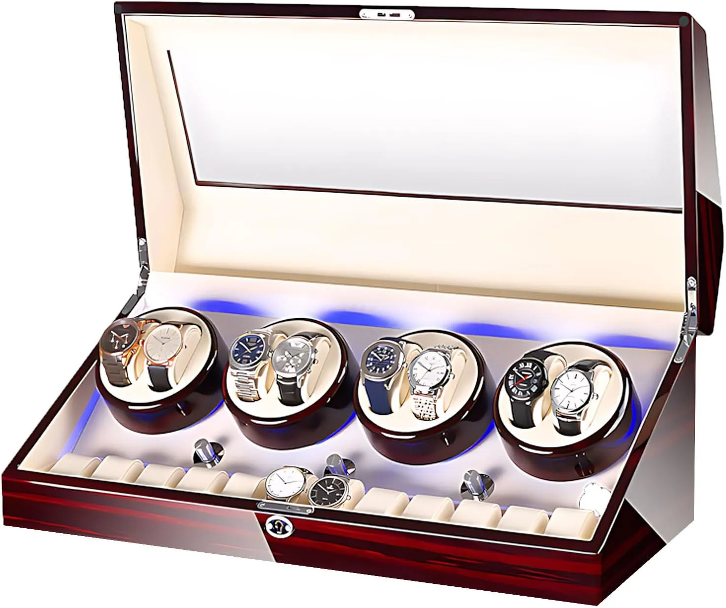 Wood Shell,With Blue Led Light,Quiet Motor Built,Lady And Man Watches Watch Winder Display Watch Box Case (Piano Black Camel) Wooden Automatic Watch Winder Box 8 12,Watch Winder pinon acidic oppositely don Box Case 