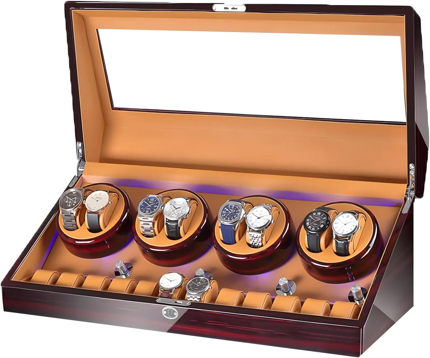 Wood Shell,With Blue Led Light,Quiet Motor Built,Lady And Man Watches Watch Winder Display Watch Box Case (Piano Black Camel) Wooden Automatic Watch Winder Box 8 12,Watch Winder pinon acidic oppositely don Box Case 