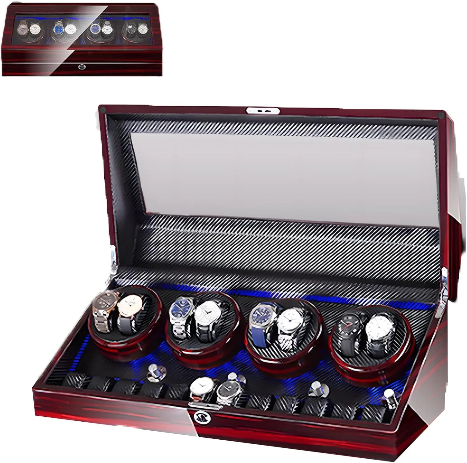 Wood Shell,With Blue Led Light,Quiet Motor Built,Lady And Man Watches Watch Winder Display Watch Box Case (Piano Black Camel) Wooden Automatic Watch Winder Box 8 12,Watch Winder pinon acidic oppositely don Box Case 