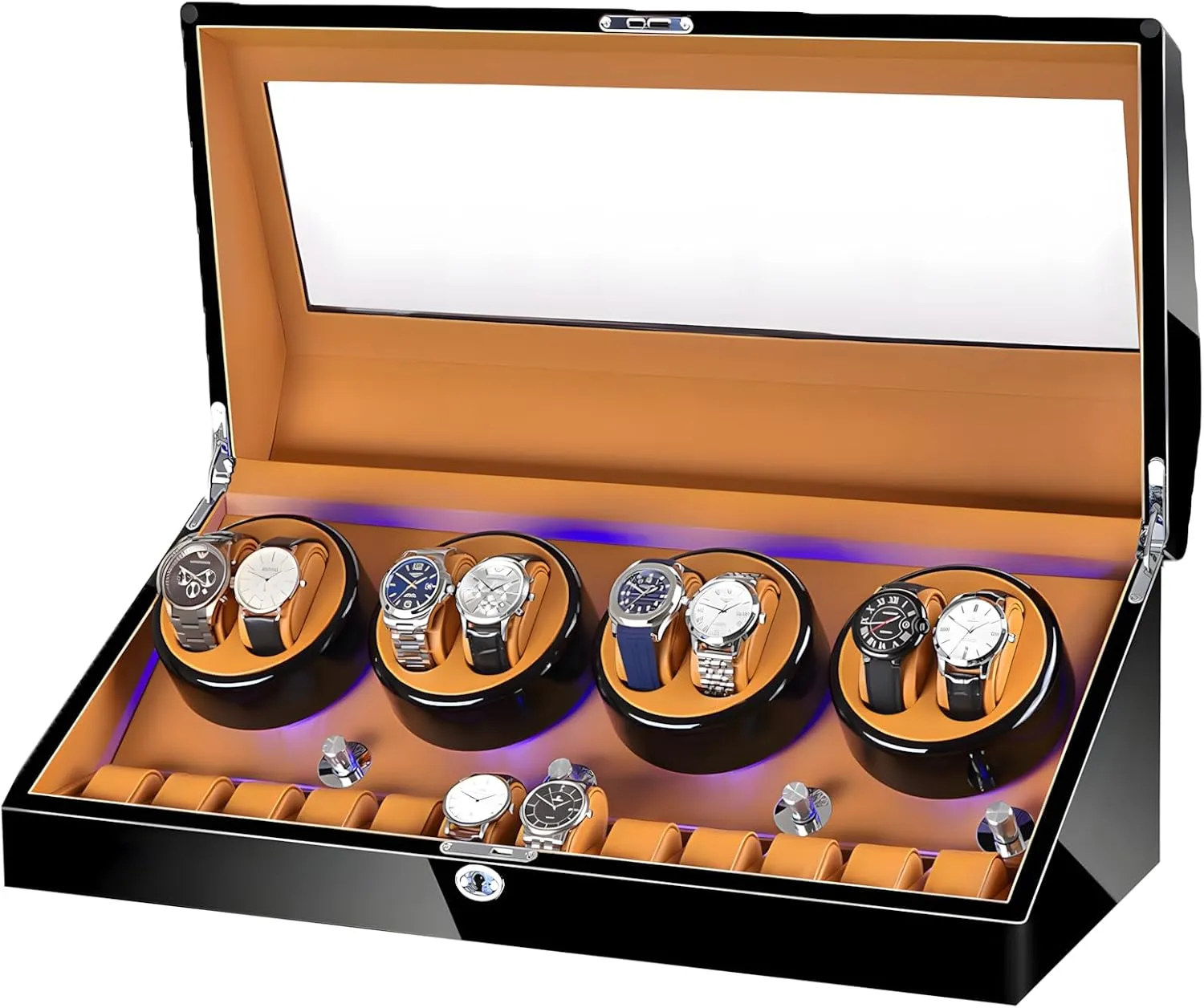 Wood Shell,With Blue Led Light,Quiet Motor Built,Lady And Man Watches Watch Winder Display Watch Box Case (Piano Black Camel) Wooden Automatic Watch Winder Box 8 12,Watch Winder pinon acidic oppositely don Box Case 