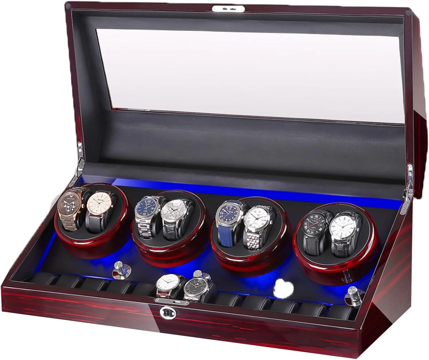 Wood Shell,With Blue Led Light,Quiet Motor Built,Lady And Man Watches Watch Winder Display Watch Box Case (Piano Black Camel) Wooden Automatic Watch Winder Box 8 12,Watch Winder pinon acidic oppositely don Box Case 