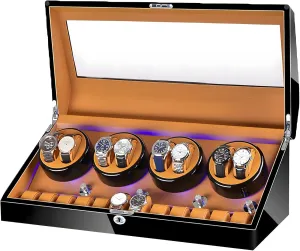 Wood Shell,With Blue Led Light,Quiet Motor Built,Lady And Man Watches Watch Winder Display Watch Box Case (Piano Black Camel) Wooden Automatic Watch Winder Box 8 12,Watch Winder pinon acidic oppositely don Box Case 