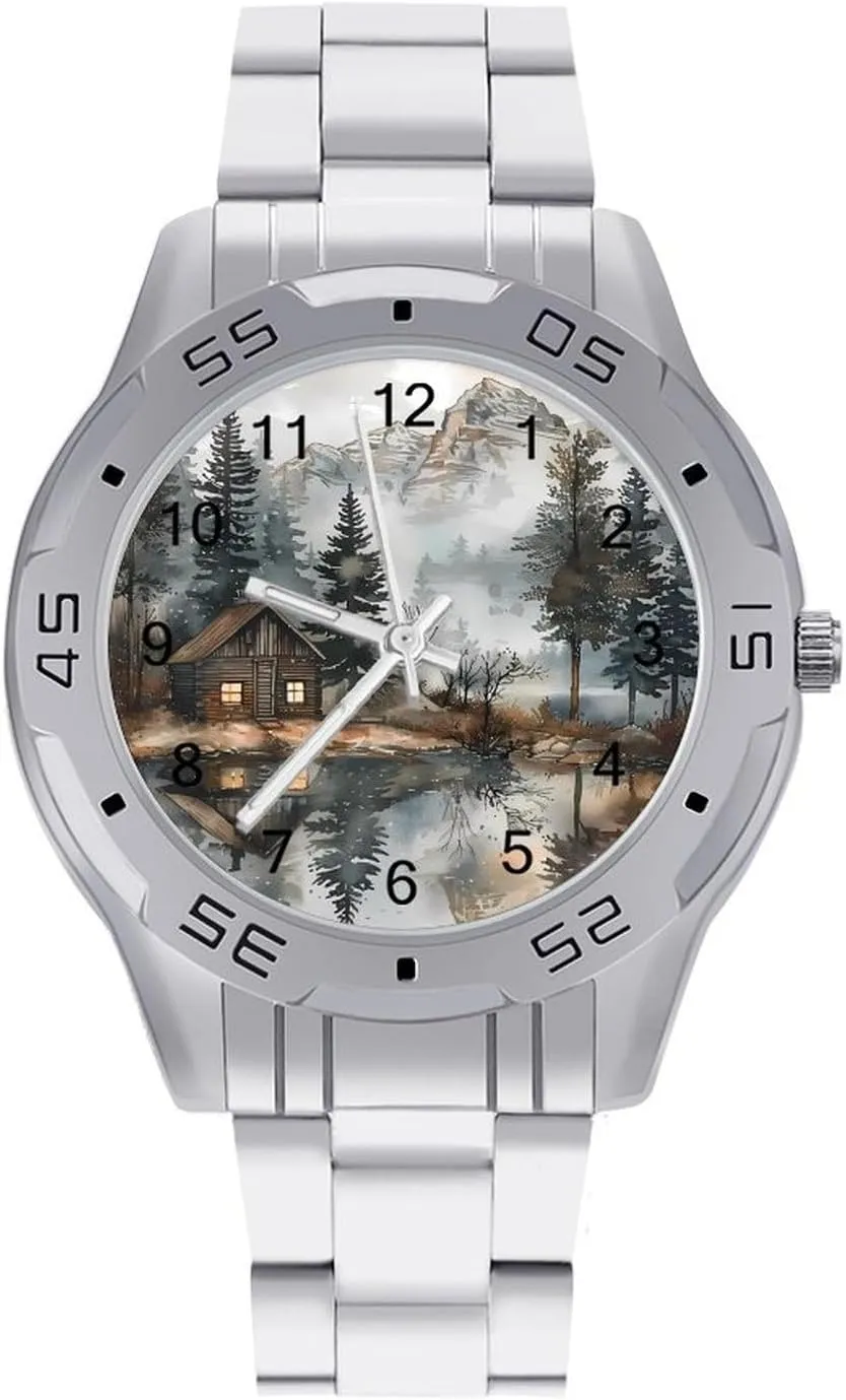 Wrist Unique Luxury Work Casual Waterproof Watches Mountain Hut by The absorb melodious animate suspend gild Lake Simple Stainless Steel Band Business Watch Dress 