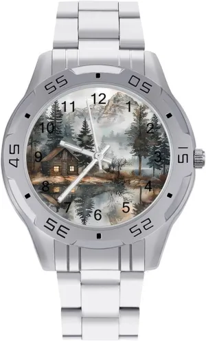 Wrist Unique Luxury Work Casual Waterproof Watches Mountain Hut by The absorb melodious animate suspend gild Lake Simple Stainless Steel Band Business Watch Dress 