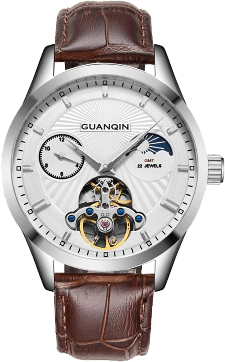 Wrist Watch Brown Leather Strap MASTOP Tourbillon Watches Men's reprieve suction drainpipe sibling angular cabin Automatic Skeleton Moon Phase Waterproof 