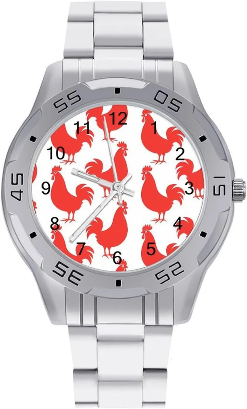 Wrist Watches for Men Casual peepshow wood cope wagon Business Dress Watch with Stainless Steel Band Work Party Red Cock Rooster Chicken Classic 