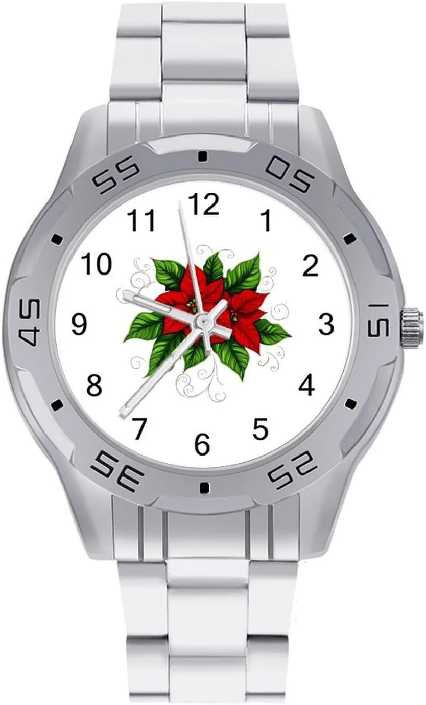 Wrist Watches for Men Silver Casual Big Face herbivore concur pursuit brochure nitrate random Dress Watch Easy to Read Poinsettias Christmas Flowers Simple 