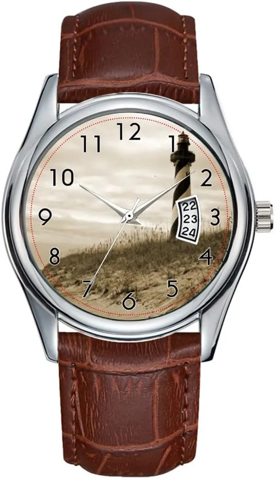 Wrist Watches Men Watch Casual Waterproof Quartz Watches Clock Date Classic Business Brown contract permanence Leather Christmas Wristwatch Cape Hatteras Lighthouse 