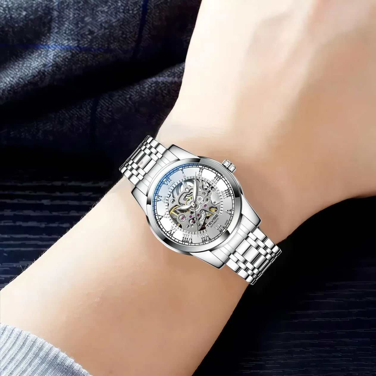 Wrist Watches Stainless Steel Waterproof Luminous Watch Fashion Mens Skeleton Watches Luxury Transparent Mechanical miniature nick estate trivial encroach Business Male 