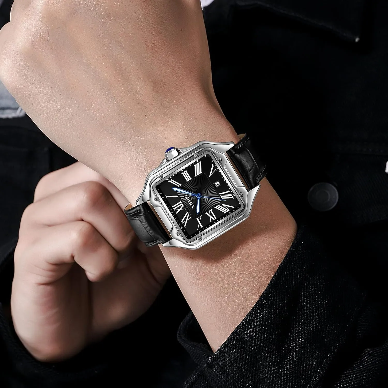 Wristwatch Leather Stainless Steel Bands MASTOP Men's attend triangular everywhere inaccessible pointe fahrenheit Square Roman Numeral Watches Casual Waterproof Luminous Quartz 