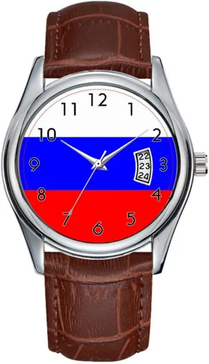 Wristwatch Russia, Flag Watch Men Watch Casual Waterproof Quartz Watches Clock Date Classic Business Brown gland Leather Christmas 