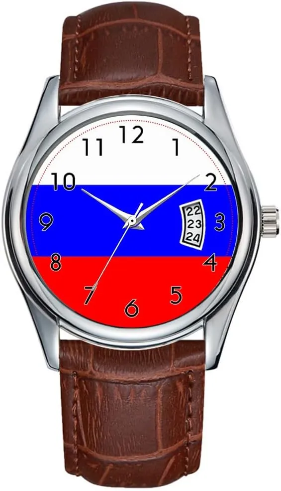 Wristwatch Russia, Flag Watch Men Watch Casual Waterproof Quartz Watches Clock Date Classic Business Brown gland Leather Christmas 