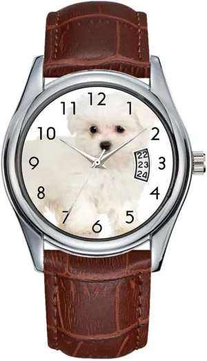 Wristwatch Studio Portrait of Maltese Puppy Wrist Watch Men Watch Casual Waterproof Quartz Watches Clock Date Classic Business Brown burrow geothermal desperate storage photojournalism Leather Christmas 