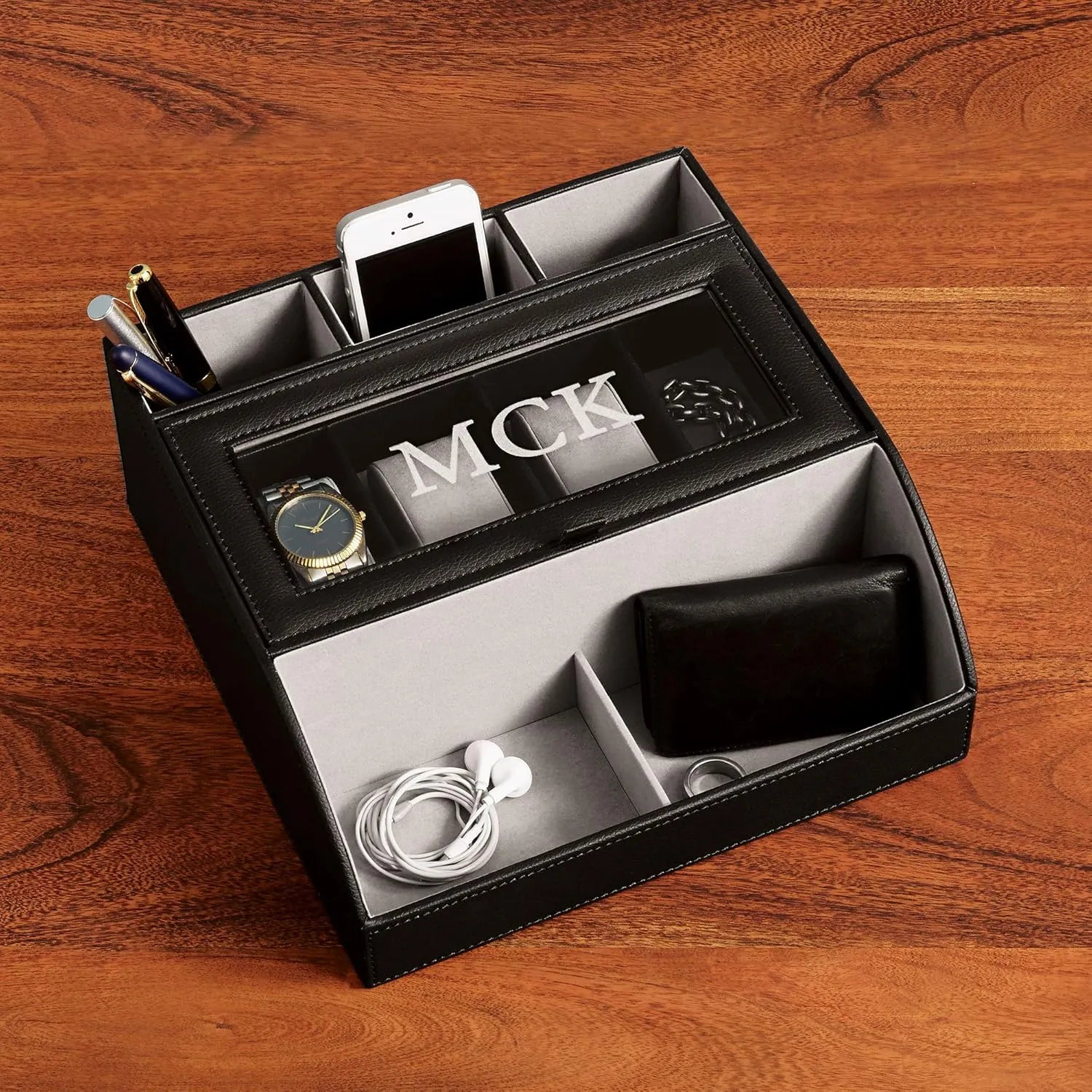 x 9" W x 4" H Let's Make Memories Personalized complication nucleus Leather Charging Station Valet - Customized Charging Station - Electronics Organizer - 9 3/4" L 