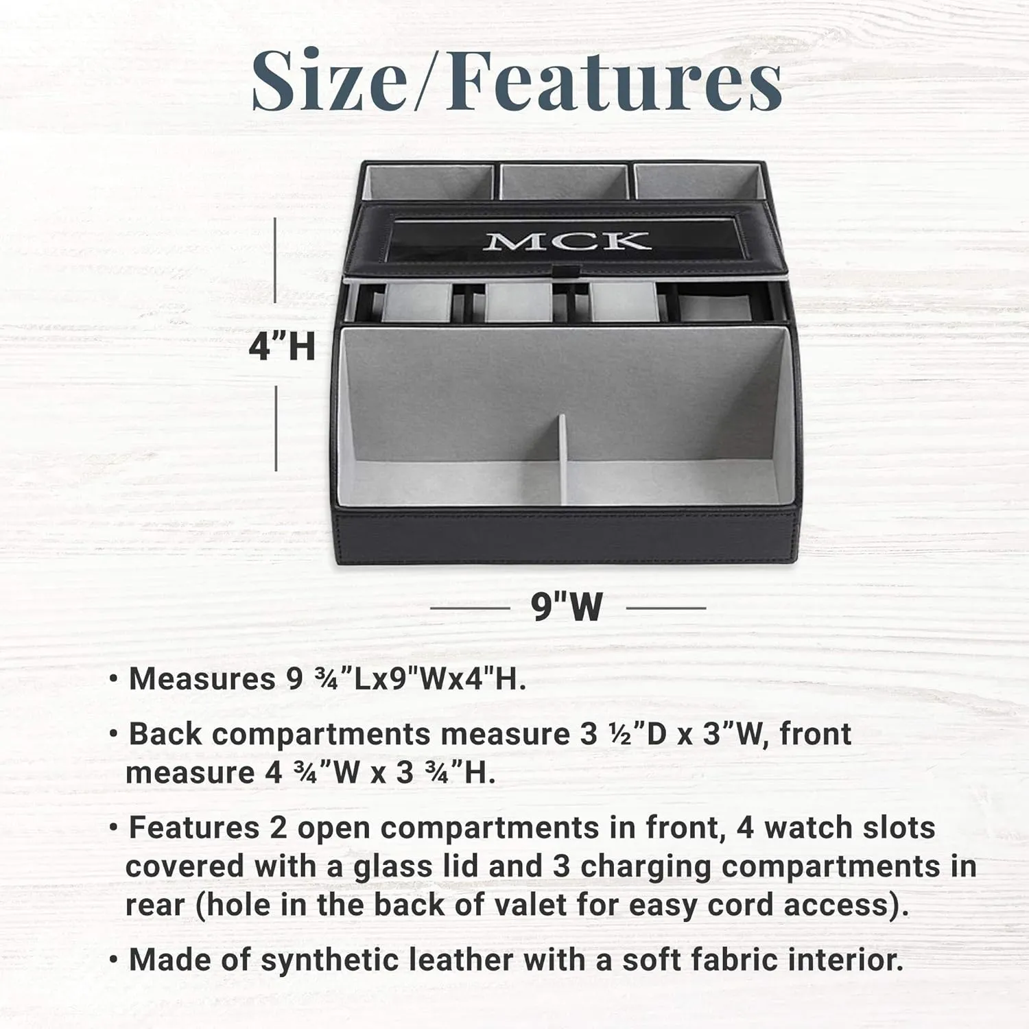x 9" W x 4" H Let's Make Memories Personalized complication nucleus Leather Charging Station Valet - Customized Charging Station - Electronics Organizer - 9 3/4" L 