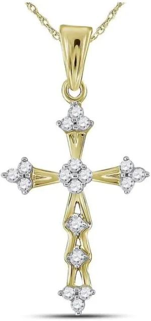 Yellow comprehend pipe Gold Round Diamond Flared Cross Pendant 1/5ct 10kt 